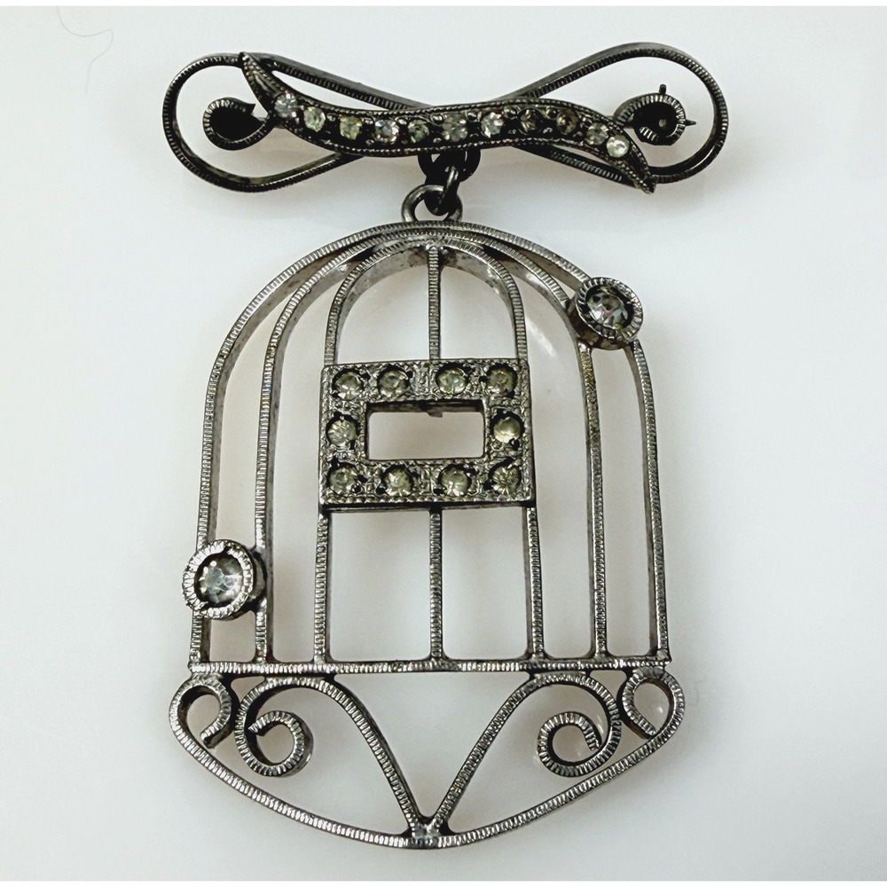 Vintage Sterling Silver Bird Cage Brooch Pin Rhinestones Dangle Signed Integrity